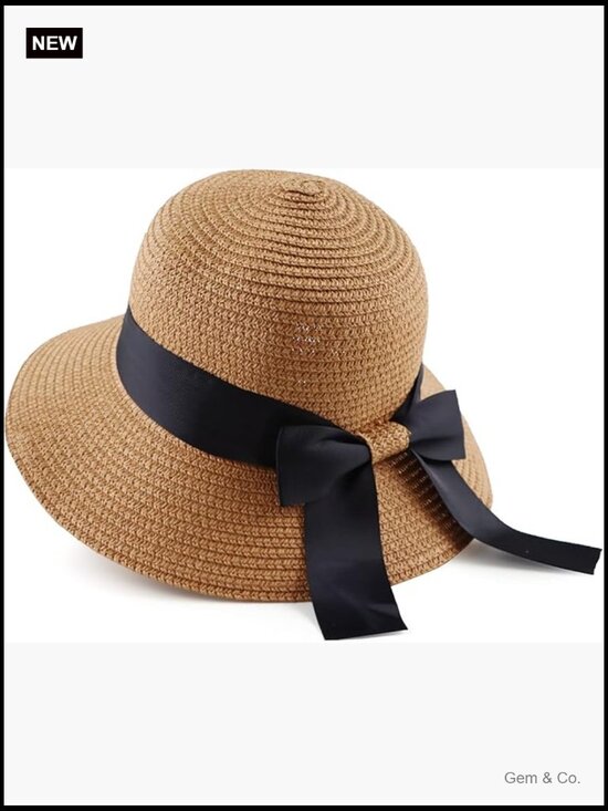 Accessories - Wide Brim Straw Sun Hat Foldable Floppy with Bowknot and Chin Strap
